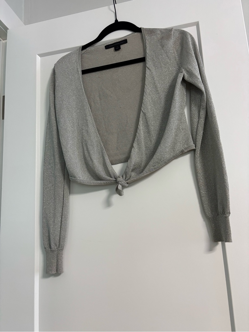 Express Silver Metallic Tie-Front Cropped Cardigan